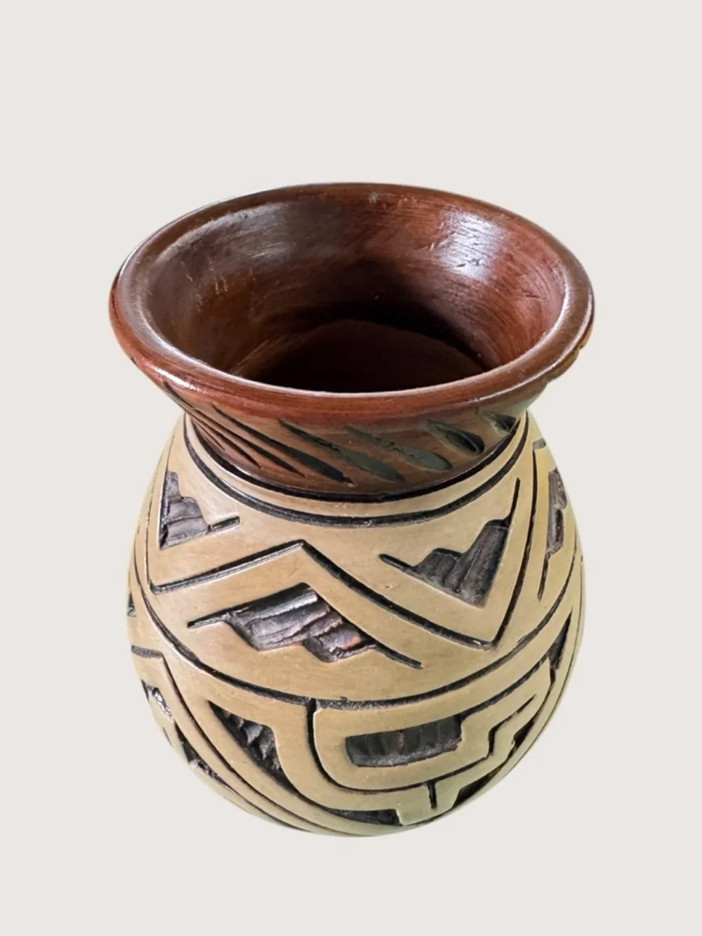 Hand Carved Mexican Redware Pottery Vase Tribal Marajoara Style Boho Decor
